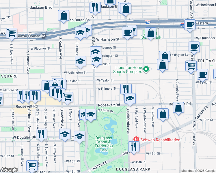 map of restaurants, bars, coffee shops, grocery stores, and more near 1106 South Francisco Avenue in Chicago