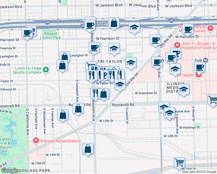 map of restaurants, bars, coffee shops, grocery stores, and more near 1032 South Oakley Boulevard in Chicago