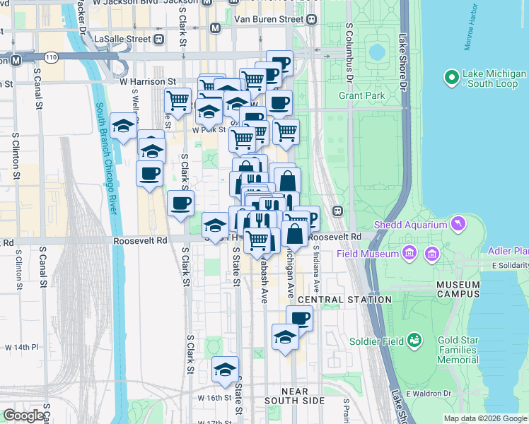 map of restaurants, bars, coffee shops, grocery stores, and more near South Wabash Avenue in Chicago