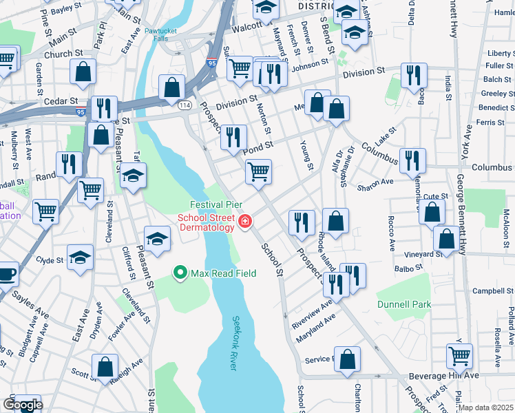 map of restaurants, bars, coffee shops, grocery stores, and more near 5 Beechwood Avenue in Pawtucket