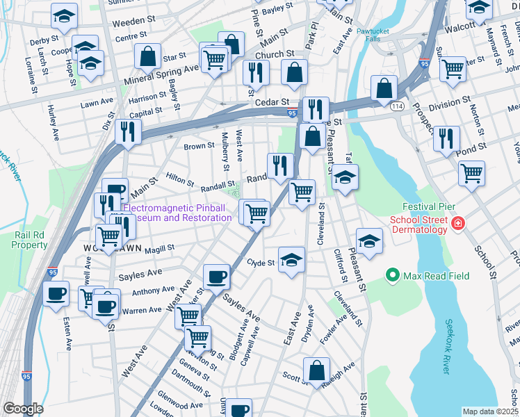 map of restaurants, bars, coffee shops, grocery stores, and more near 250 Pawtucket Avenue in Pawtucket