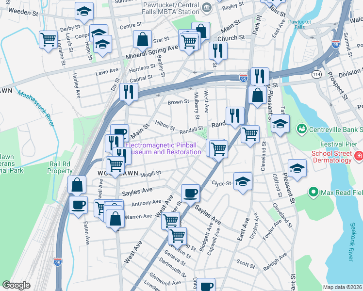 map of restaurants, bars, coffee shops, grocery stores, and more near 159 Dunnell Avenue in Pawtucket