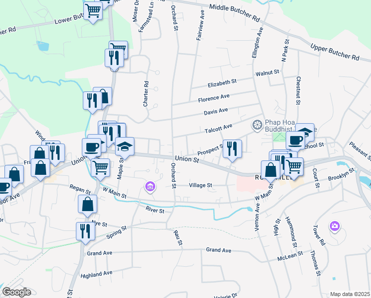 map of restaurants, bars, coffee shops, grocery stores, and more near 121 Union Street in Vernon