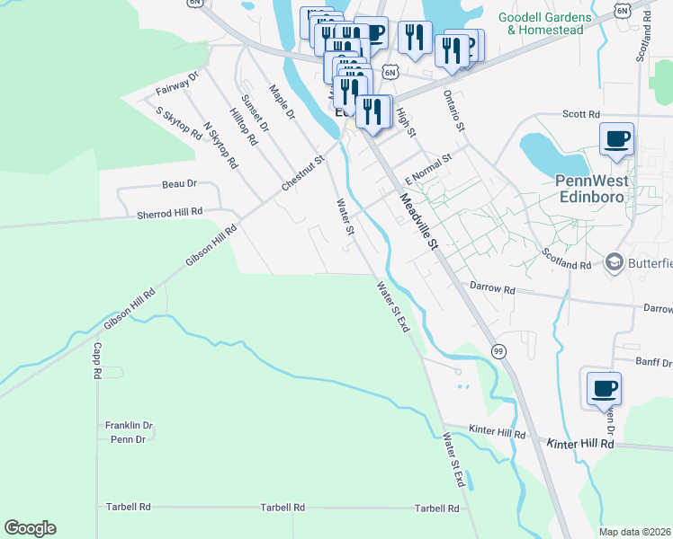 map of restaurants, bars, coffee shops, grocery stores, and more near 101 Green Oaks Drive in Edinboro