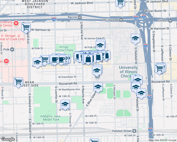 map of restaurants, bars, coffee shops, grocery stores, and more near 1110 South May Street in Chicago