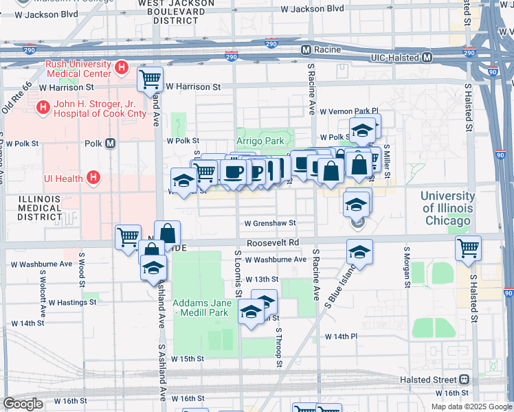 map of restaurants, bars, coffee shops, grocery stores, and more near 1318 West Grenshaw Street in Chicago