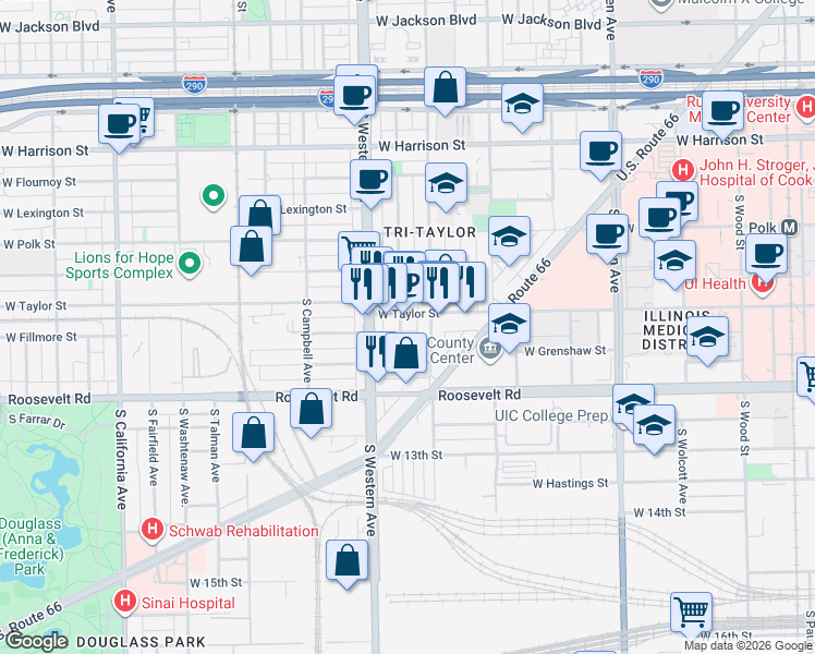 map of restaurants, bars, coffee shops, grocery stores, and more near 1032 South Oakley Boulevard in Chicago