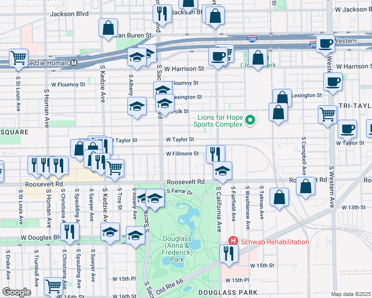 map of restaurants, bars, coffee shops, grocery stores, and more near 1106 South Francisco Avenue in Chicago