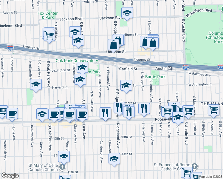 map of restaurants, bars, coffee shops, grocery stores, and more near 1125 South Ridgeland Avenue in Oak Park