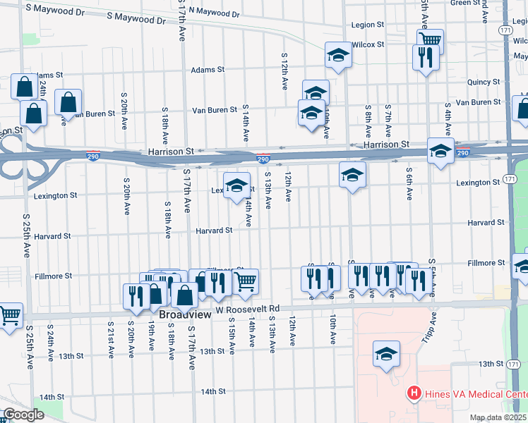 map of restaurants, bars, coffee shops, grocery stores, and more near 1947 Harvard Street in Broadview