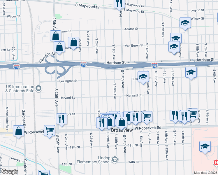 map of restaurants, bars, coffee shops, grocery stores, and more near 1938 Harvard Street in Broadview