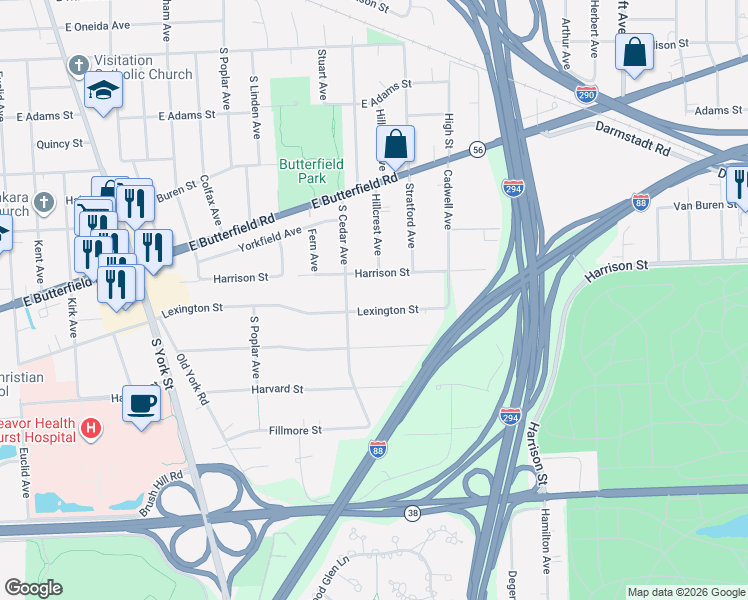 map of restaurants, bars, coffee shops, grocery stores, and more near 15W153 Lexington Street in Elmhurst