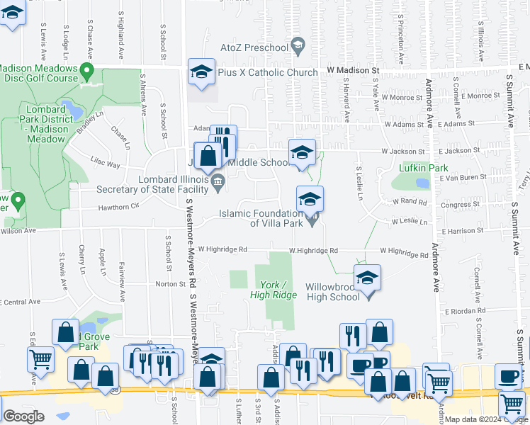 map of restaurants, bars, coffee shops, grocery stores, and more near 1141 East Addison Avenue in Lombard