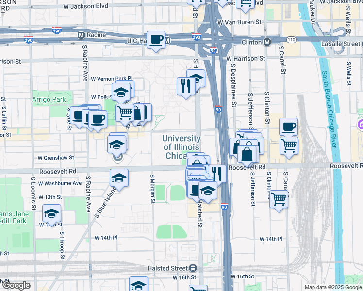 map of restaurants, bars, coffee shops, grocery stores, and more near 1200 West Harrison Street in Chicago