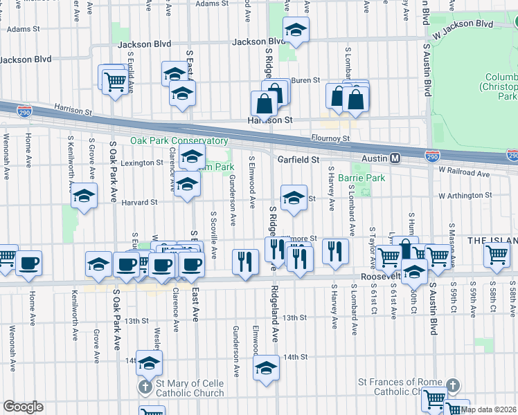 map of restaurants, bars, coffee shops, grocery stores, and more near 1125 South Ridgeland Avenue in Oak Park