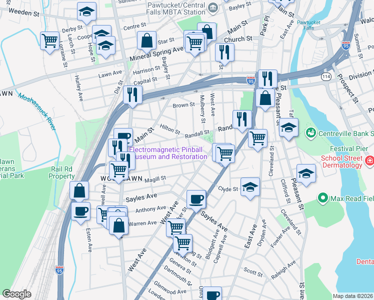map of restaurants, bars, coffee shops, grocery stores, and more near 159 Dunnell Avenue in Pawtucket