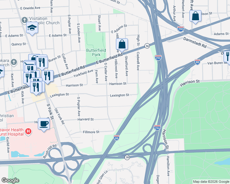 map of restaurants, bars, coffee shops, grocery stores, and more near 15W153 Lexington Street in Elmhurst