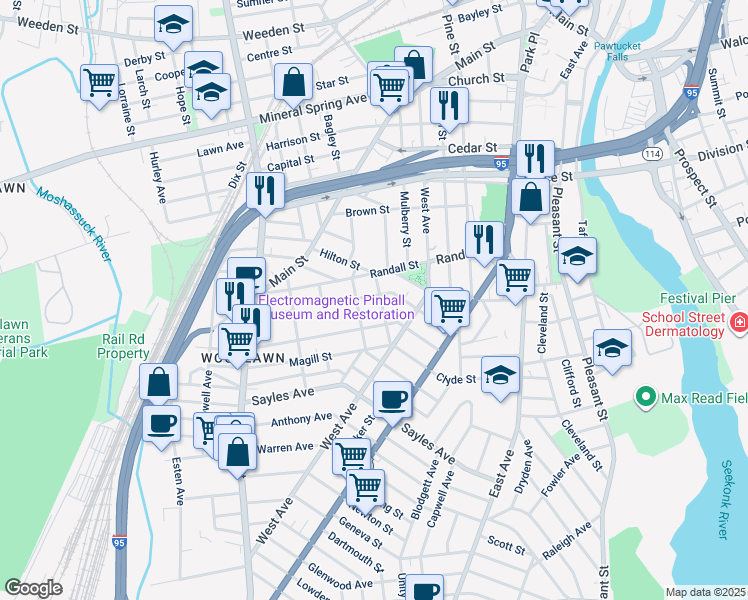 map of restaurants, bars, coffee shops, grocery stores, and more near 100 Sterry Street in Pawtucket