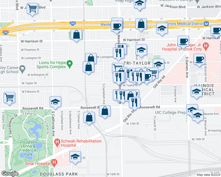 map of restaurants, bars, coffee shops, grocery stores, and more near 2436 West Fillmore Street in Chicago