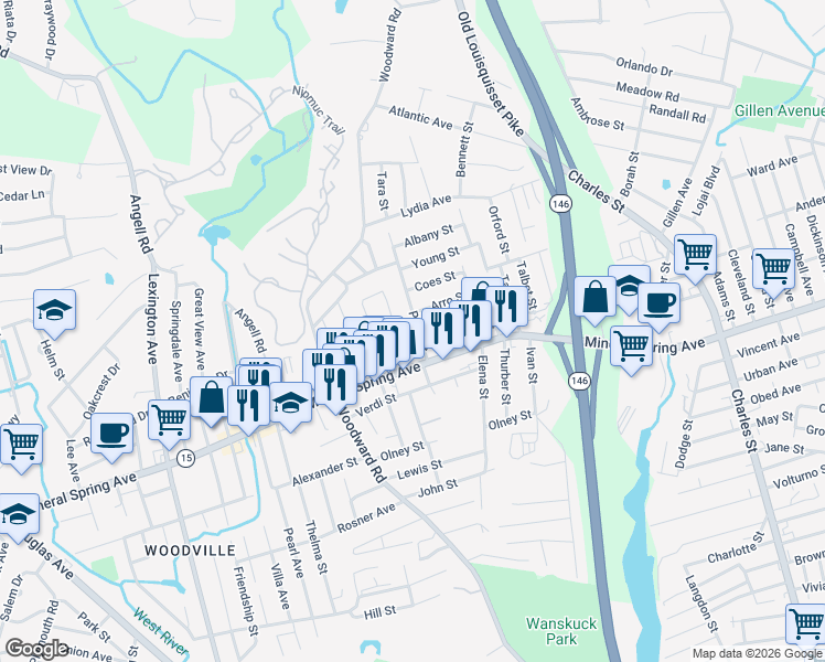 map of restaurants, bars, coffee shops, grocery stores, and more near 1315 Mineral Spring Avenue in North Providence