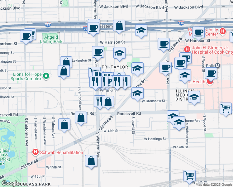 map of restaurants, bars, coffee shops, grocery stores, and more near 1032 South Oakley Boulevard in Chicago