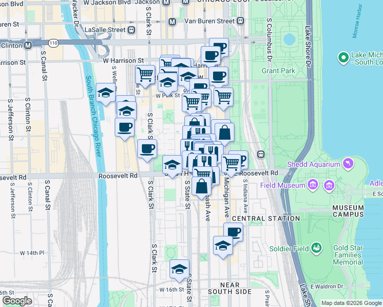 map of restaurants, bars, coffee shops, grocery stores, and more near 1111 South State Street in Chicago