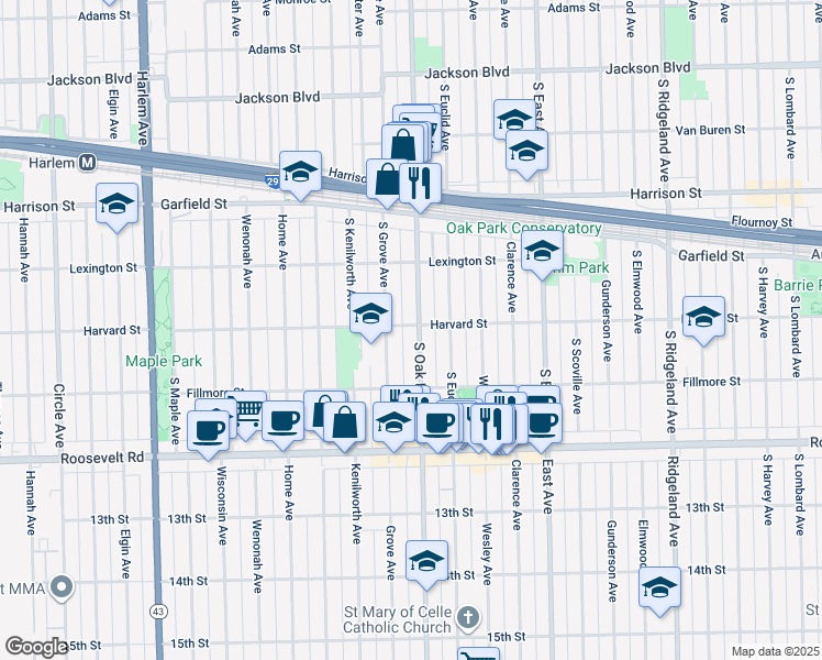 map of restaurants, bars, coffee shops, grocery stores, and more near 1122 South Oak Park Avenue in Oak Park