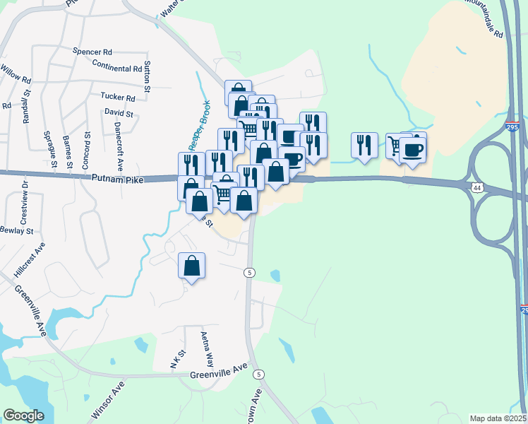 map of restaurants, bars, coffee shops, grocery stores, and more near 12 Sanderson Road in Smithfield