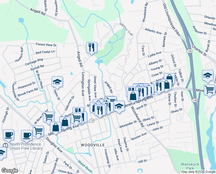 map of restaurants, bars, coffee shops, grocery stores, and more near 22 Angell Road in North Providence