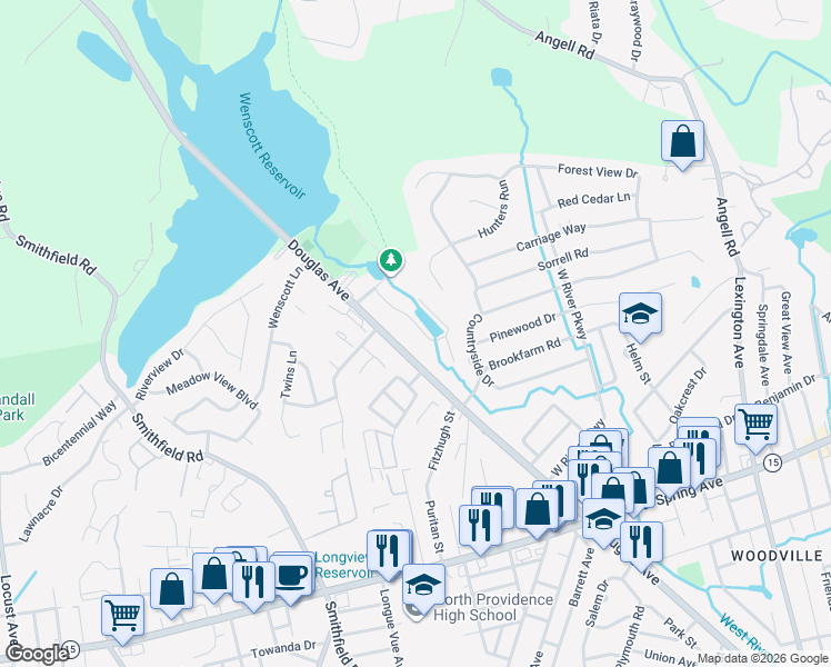 map of restaurants, bars, coffee shops, grocery stores, and more near 15 Douglas Terrace in North Providence