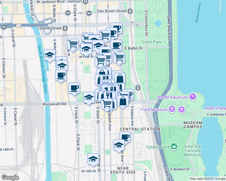 map of restaurants, bars, coffee shops, grocery stores, and more near 1111 South Wabash Avenue in Chicago