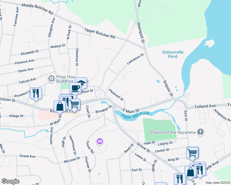 map of restaurants, bars, coffee shops, grocery stores, and more near 16 Pleasant Street in Vernon