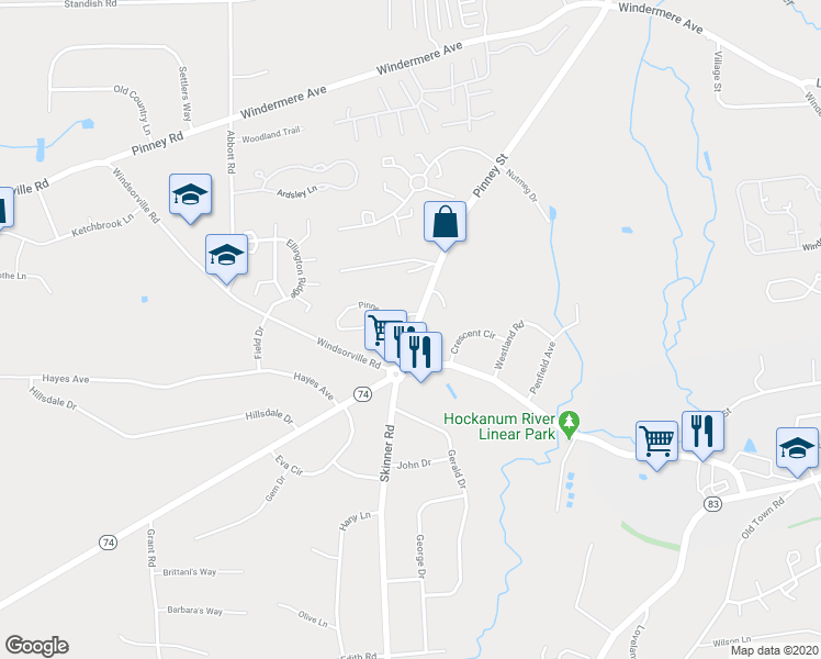 map of restaurants, bars, coffee shops, grocery stores, and more near 185 Windsorville Road in Ellington