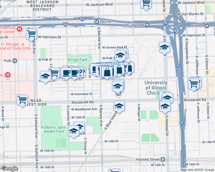 map of restaurants, bars, coffee shops, grocery stores, and more near 1110 South May Street in Chicago