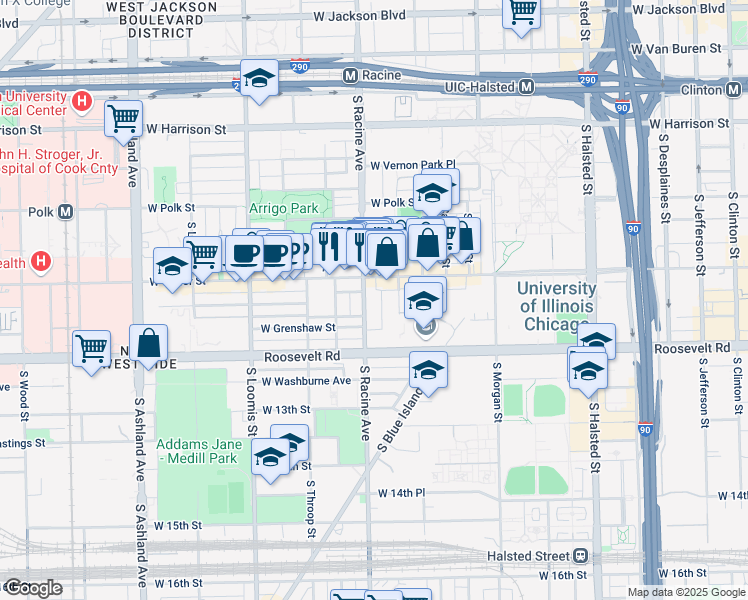 map of restaurants, bars, coffee shops, grocery stores, and more near 1204 West Grenshaw Street in Chicago