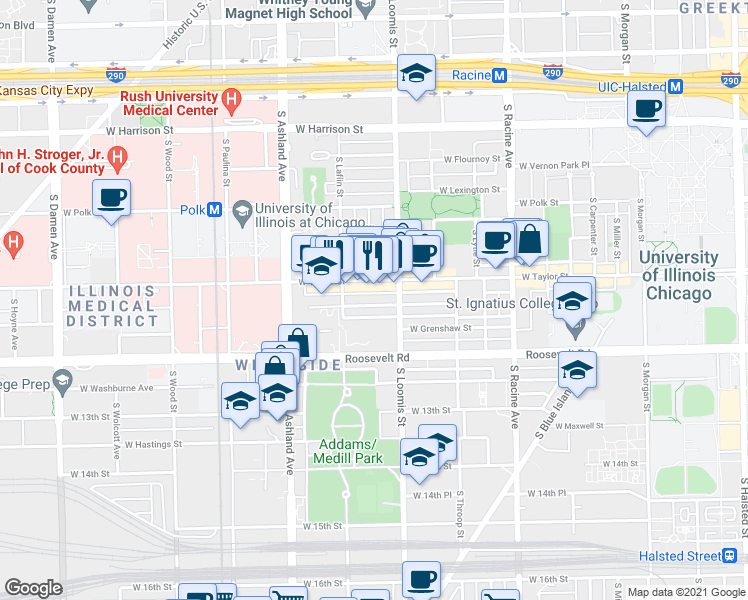 map of restaurants, bars, coffee shops, grocery stores, and more near 1435 West Fillmore Street in Chicago