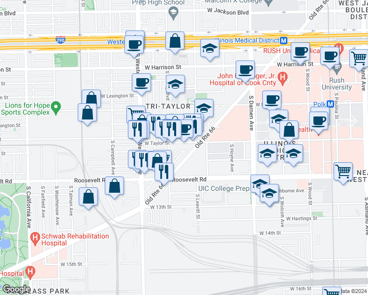 map of restaurants, bars, coffee shops, grocery stores, and more near 2242 South Ogden Avenue West in Chicago