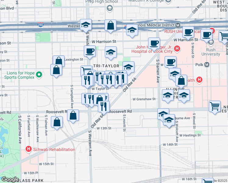 map of restaurants, bars, coffee shops, grocery stores, and more near 2242 South Ogden Avenue West in Chicago