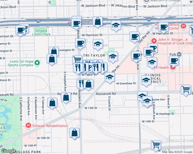 map of restaurants, bars, coffee shops, grocery stores, and more near 1032 South Oakley Boulevard in Chicago