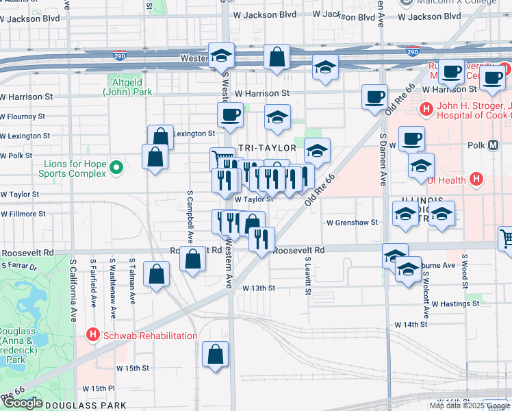 map of restaurants, bars, coffee shops, grocery stores, and more near 1032 South Oakley Boulevard in Chicago