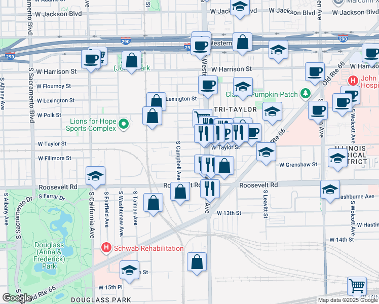 map of restaurants, bars, coffee shops, grocery stores, and more near 2419 West Fillmore Street in Chicago
