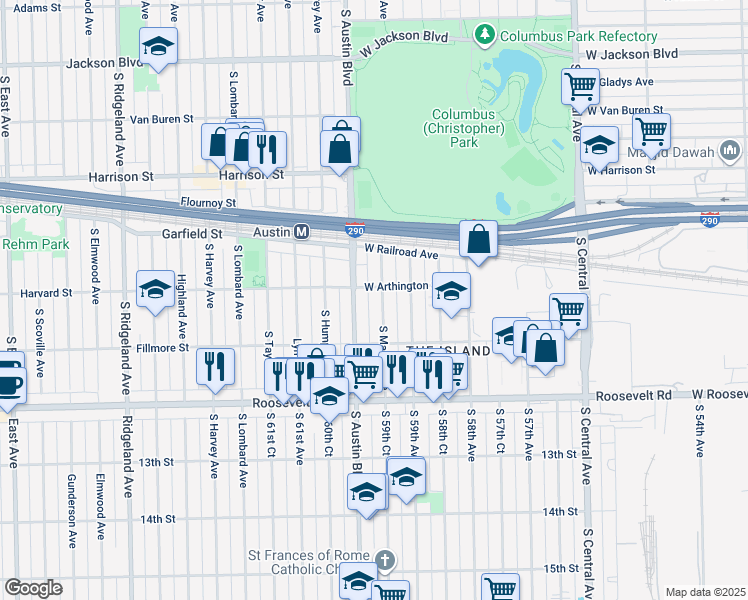 map of restaurants, bars, coffee shops, grocery stores, and more near 1039 South Austin Boulevard in Chicago