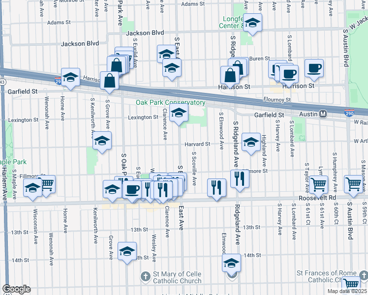 map of restaurants, bars, coffee shops, grocery stores, and more near 1123 South East Avenue in Oak Park