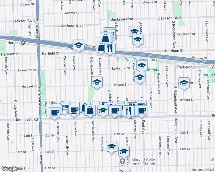 map of restaurants, bars, coffee shops, grocery stores, and more near 1122 South Oak Park Avenue in Oak Park