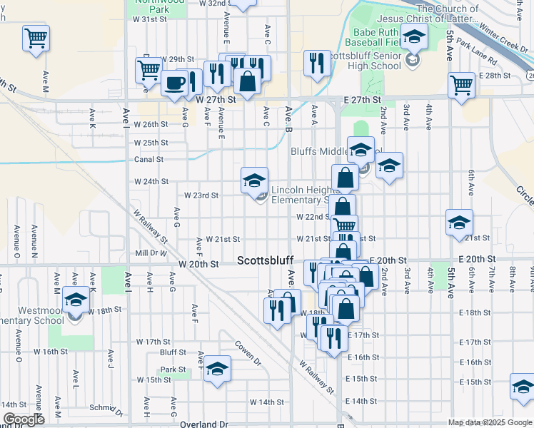 map of restaurants, bars, coffee shops, grocery stores, and more near 2214 Avenue C in Scottsbluff