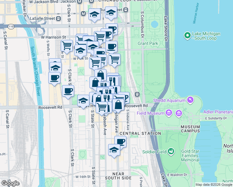 map of restaurants, bars, coffee shops, grocery stores, and more near in Chicago