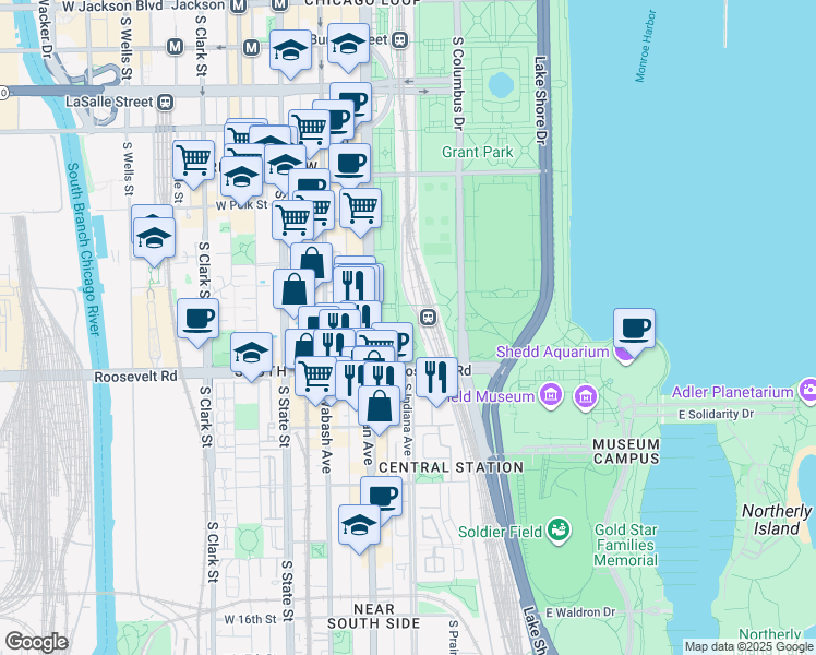 map of restaurants, bars, coffee shops, grocery stores, and more near 1135 South Michigan Avenue in Chicago