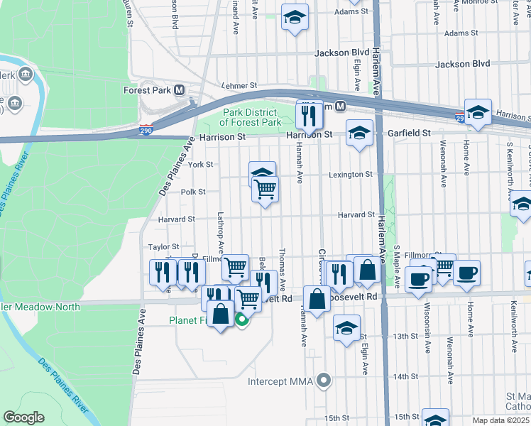 map of restaurants, bars, coffee shops, grocery stores, and more near 1014 Beloit Avenue in Forest Park