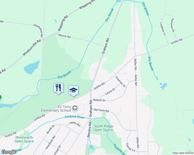 map of restaurants, bars, coffee shops, grocery stores, and more near 678 Griffin Road in South Windsor