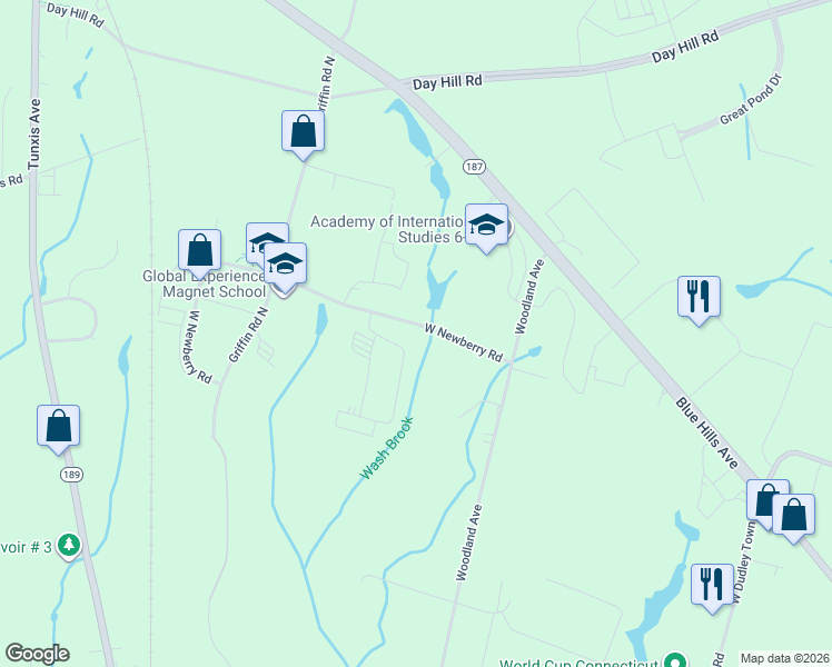 map of restaurants, bars, coffee shops, grocery stores, and more near 175 West Newberry Road in Bloomfield